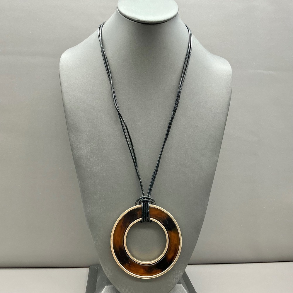 Chico's Necklace Resin Circle Pendant Black Cord Tortoise Gold Tone Adjustable